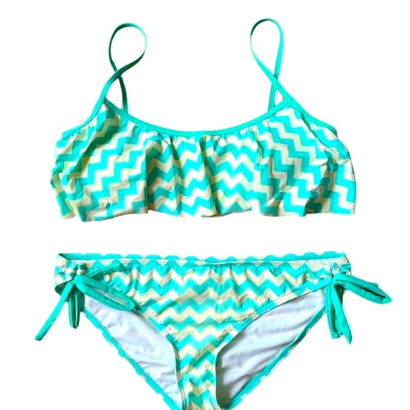 Juicy Couture Turquoise Blue Bikini Set Wave like Zig Zag Pattern Tie up Bottom - Picture 2 of 2